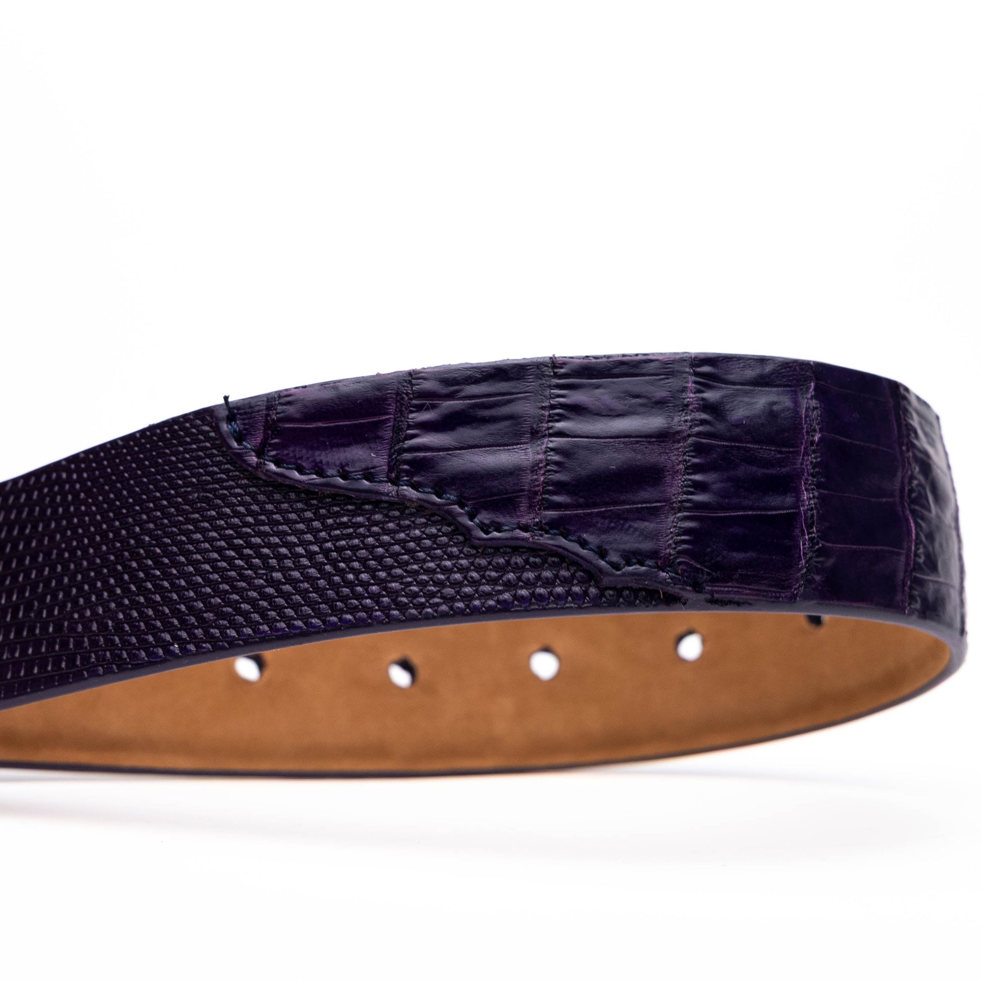 The Giovanni Belt Purple by Marco Di Milano features a sleek silver buckle and elegant caiman belly leather.