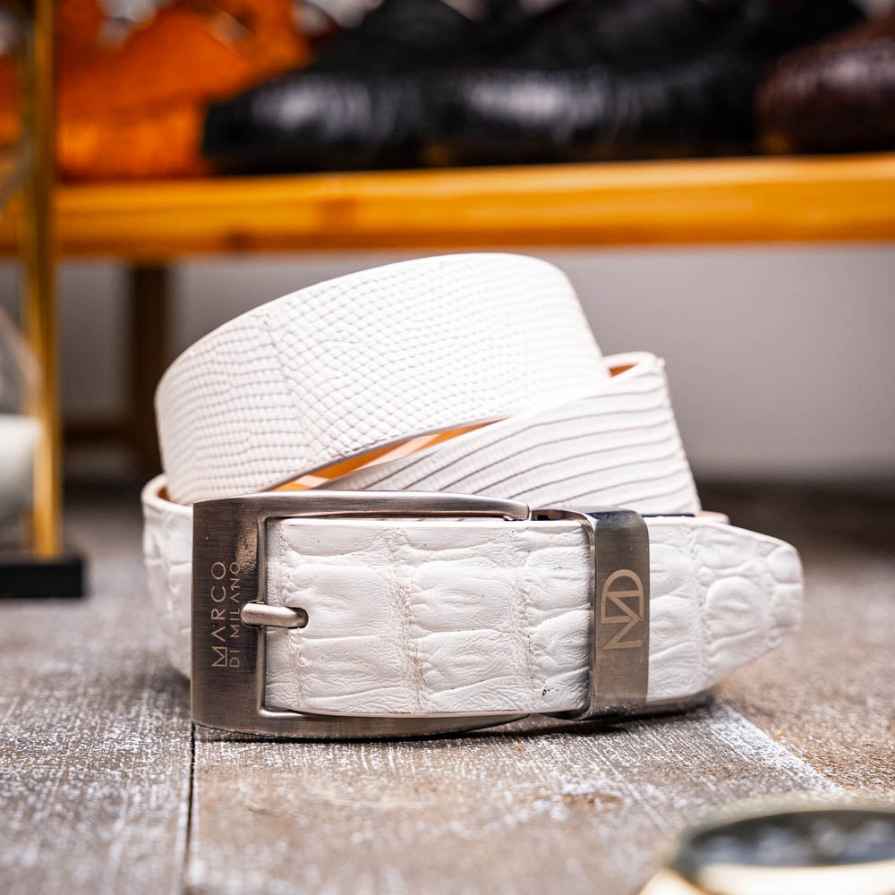 The Giovanni Belt White by Marco Di Milano is a white textured luxury men's leather belt with a silver buckle engraved with "Marco Di Milano" and the initials "MDM.