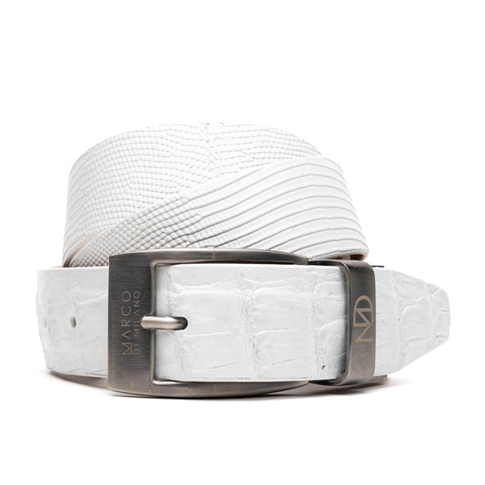 The Giovanni Belt White by Marco Di Milano is a white textured luxury men's leather belt with a silver buckle engraved with "Marco Di Milano" and the initials "MDM.