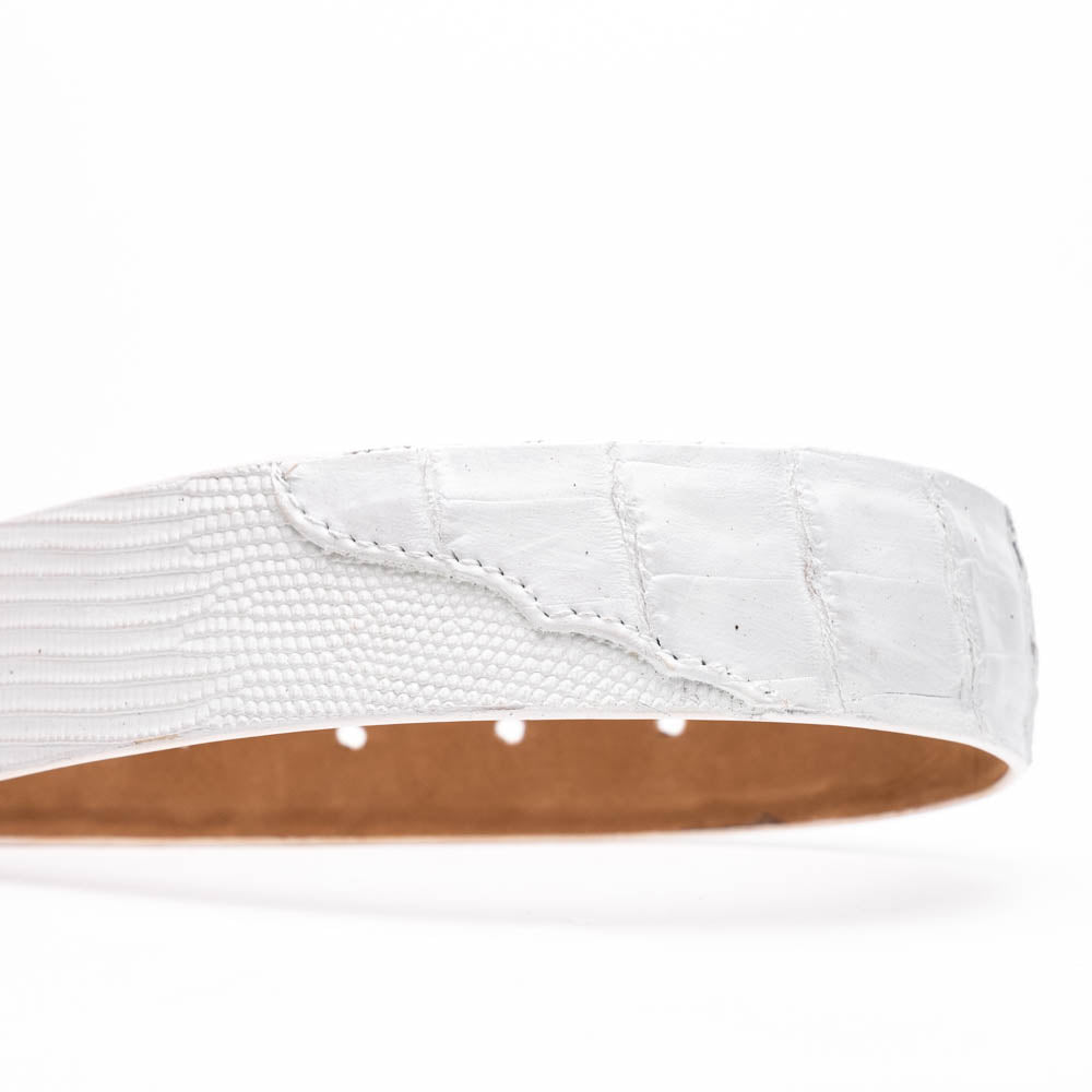 The Giovanni Belt White by Marco Di Milano is a white textured luxury men's leather belt with a silver buckle engraved with "Marco Di Milano" and the initials "MDM.