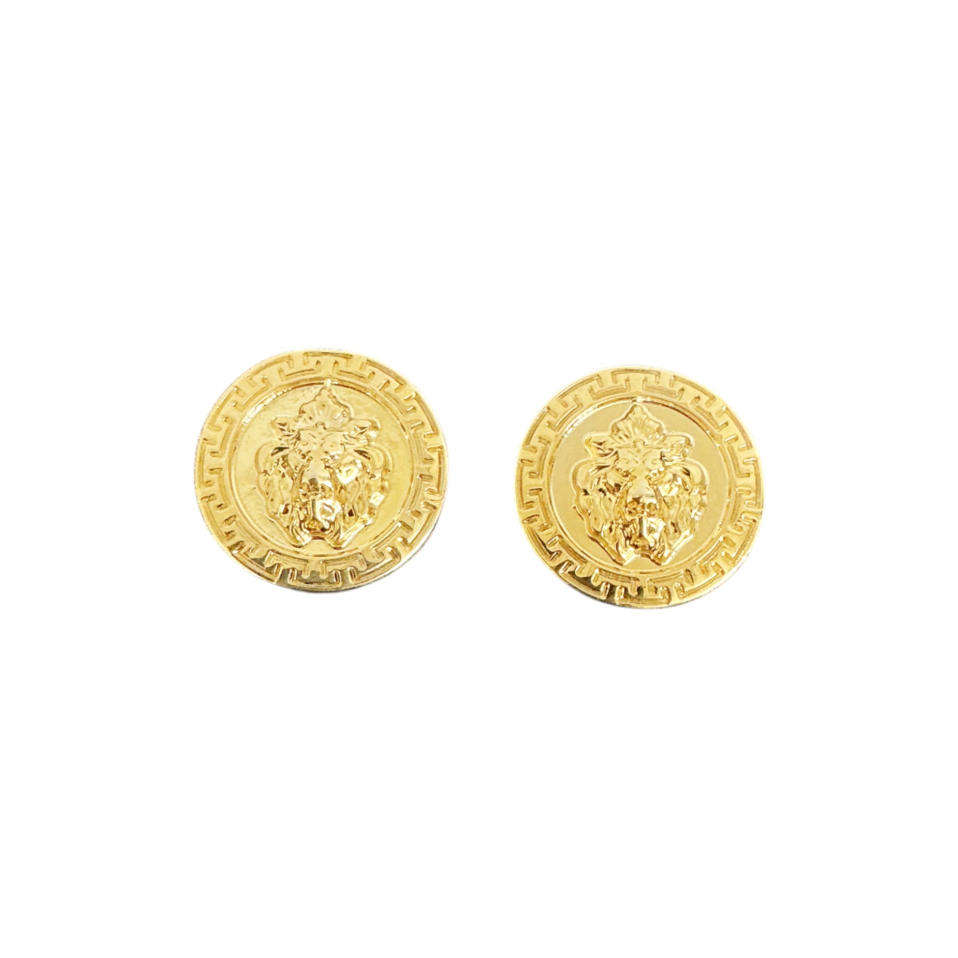The Matiste Gold Lion Lace Bar earrings by Matiste feature a round, gold-toned design with a raised lion head and decorative border, inspired by Italian luxury and iconic Lion Lace Bar style.