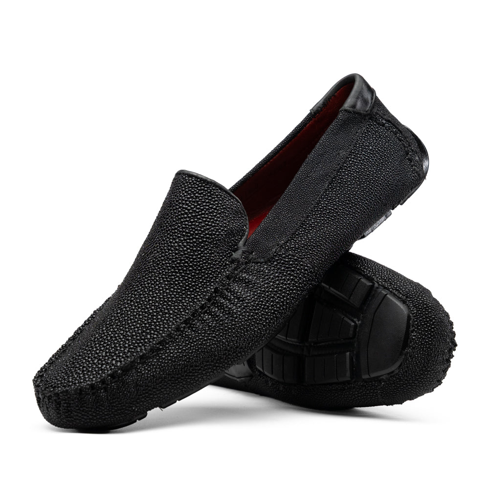 Grecco Black genuine stingray driver with a textured upper and a segmented rubber driving sole.