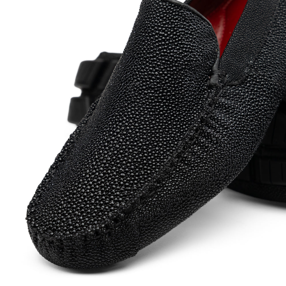 Grecco Black genuine stingray driver with a textured upper and a segmented rubber driving sole.