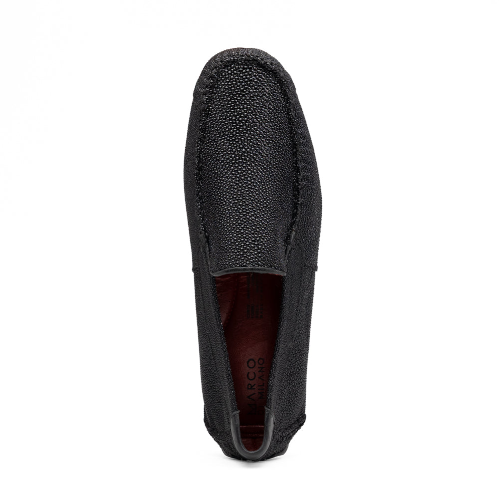 Grecco Black driver in textured genuine stingray with a driving sole and red interior.