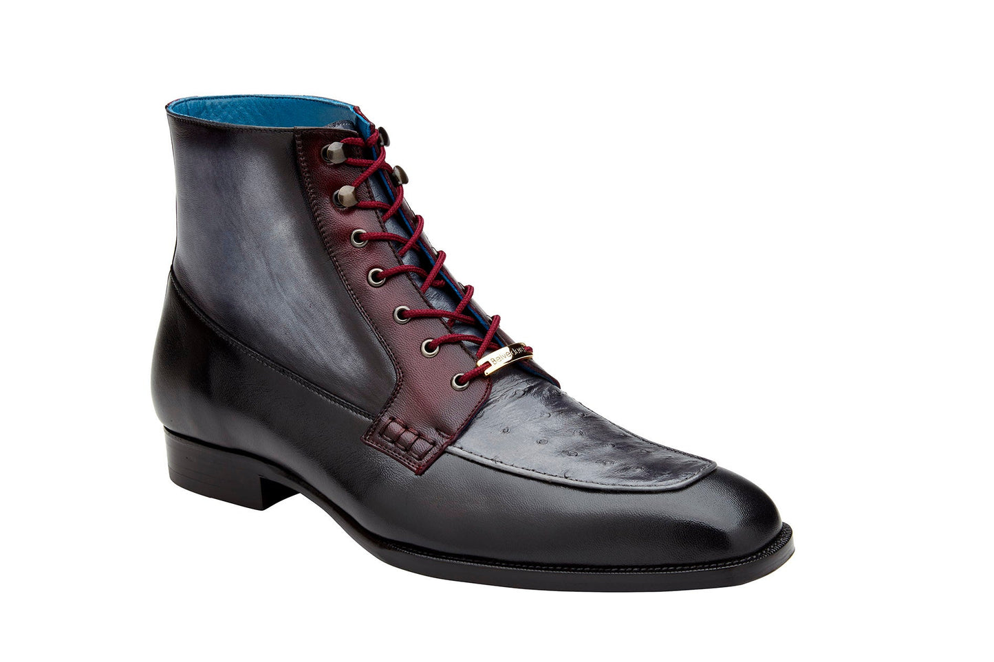 The BELVEDERE Greco boot, crafted from genuine ostrich quill and Italian leather in black, gray, and burgundy, features a lace-up front and low heel—an elegant R79 FINAL SALE piece pictured in side profile on a white background.