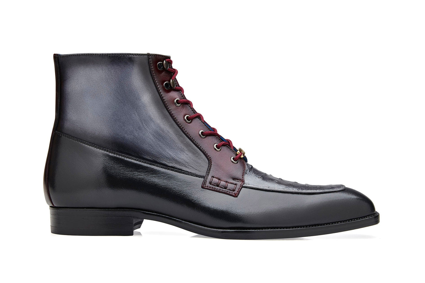 The BELVEDERE Greco boot, crafted from genuine ostrich quill and Italian leather in black, gray, and burgundy, features a lace-up front and low heel—an elegant R79 FINAL SALE piece pictured in side profile on a white background.