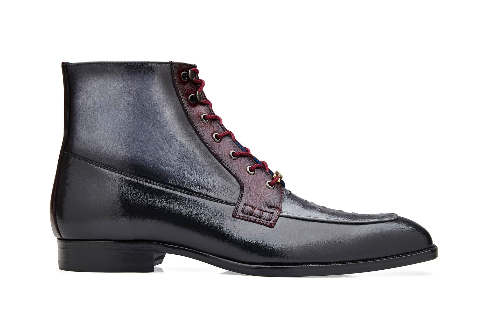 The BELVEDERE Greco boot, crafted from genuine ostrich quill and Italian leather in black, gray, and burgundy, features a lace-up front and low heel—an elegant R79 FINAL SALE piece pictured in side profile on a white background.