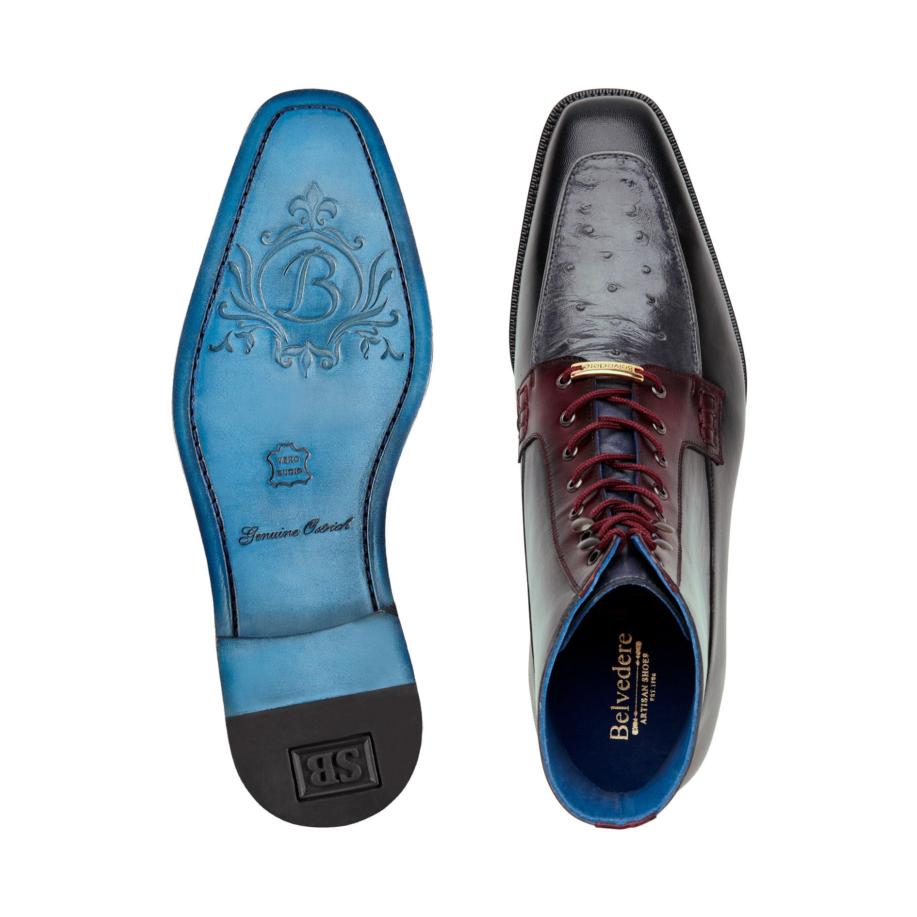 The BELVEDERE Greco boot, crafted from genuine ostrich quill and Italian leather in black, gray, and burgundy, features a lace-up front and low heel—an elegant R79 FINAL SALE piece pictured in side profile on a white background.