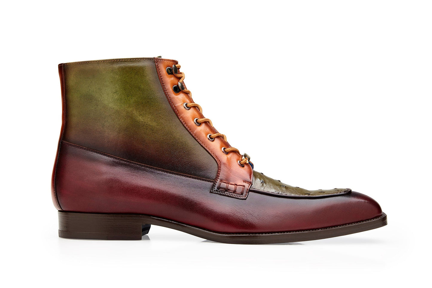 A Belvedere - Greco boot made of genuine Ostrich Quill and Italian leather, showcasing Antique Burgundy, Olive, and Brandy hues with laces and a low heel, set against a white background.