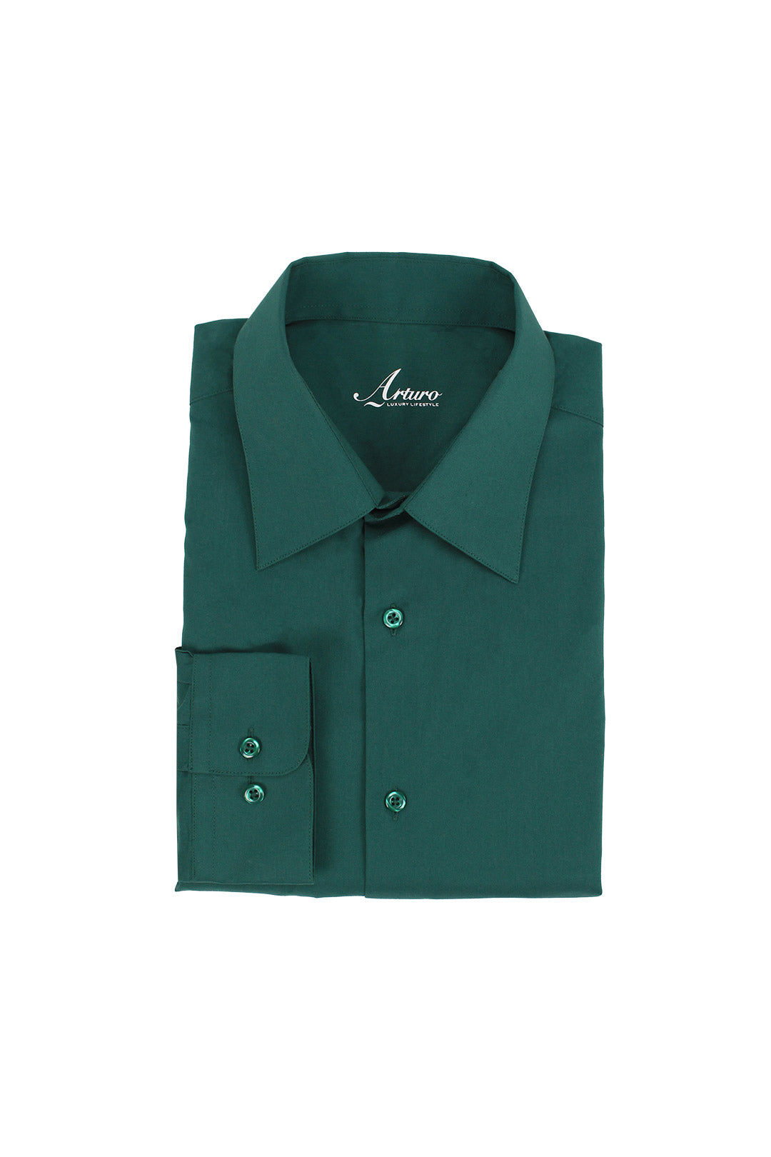 The ARTURO Modern Fit Long Sleeve Green Dress Shirt is a folded dark green shirt made from a cotton and polyester blend, featuring a pointed collar and buttoned cuffs.