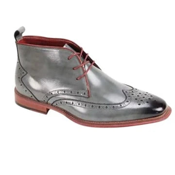 Introducing the GIOVANNI Trev Wingtip Grey Boot (FINAL SALE) Clearance: this genuine leather dress boot features brogue detailing, signature contrast trims, and a stylish design, all showcased on a white background.
