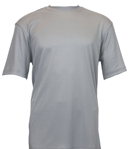 Bassiri presents the Bassiri S/S Mock-Neck Grey T-Shirt 218, featuring a comfortable short-sleeve design on a plain white background, providing an effortless fit for easy style.