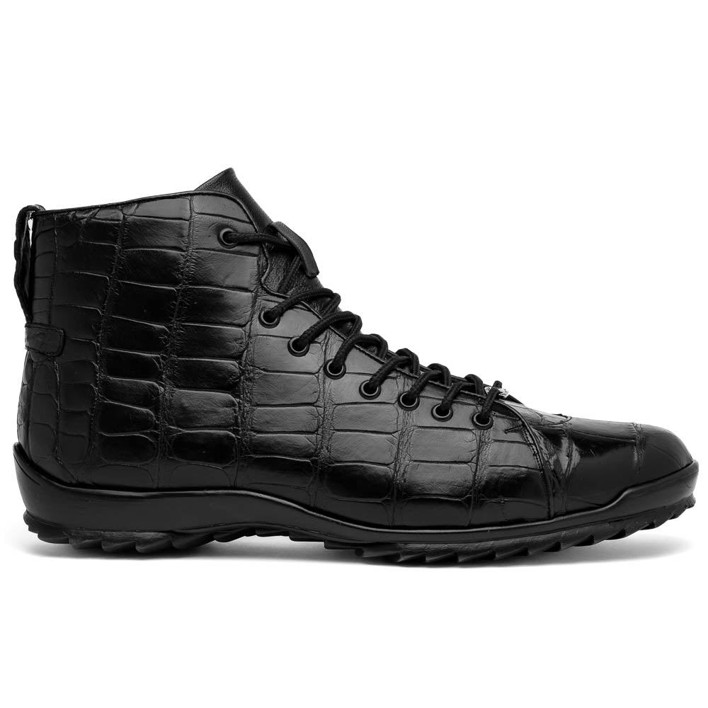 The Hermond Black boots by Marco Di Milano feature high-top, crocodile-patterned black leather and durable rubber soles—one boot stands upright while the other is propped beneath it.