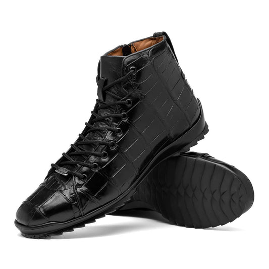 The Hermond Black boots by Marco Di Milano feature high-top, crocodile-patterned black leather and durable rubber soles—one boot stands upright while the other is propped beneath it.