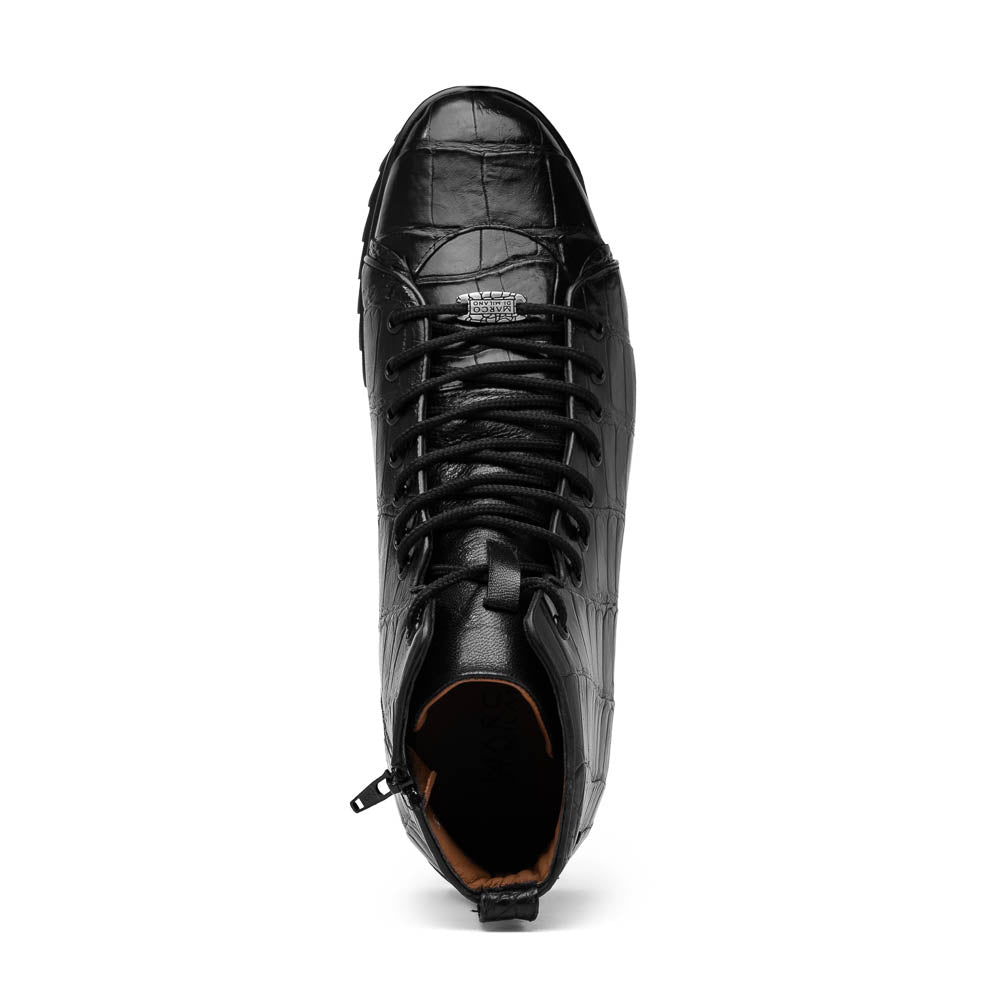 The Hermond Black boots by Marco Di Milano feature high-top, crocodile-patterned black leather and durable rubber soles—one boot stands upright while the other is propped beneath it.