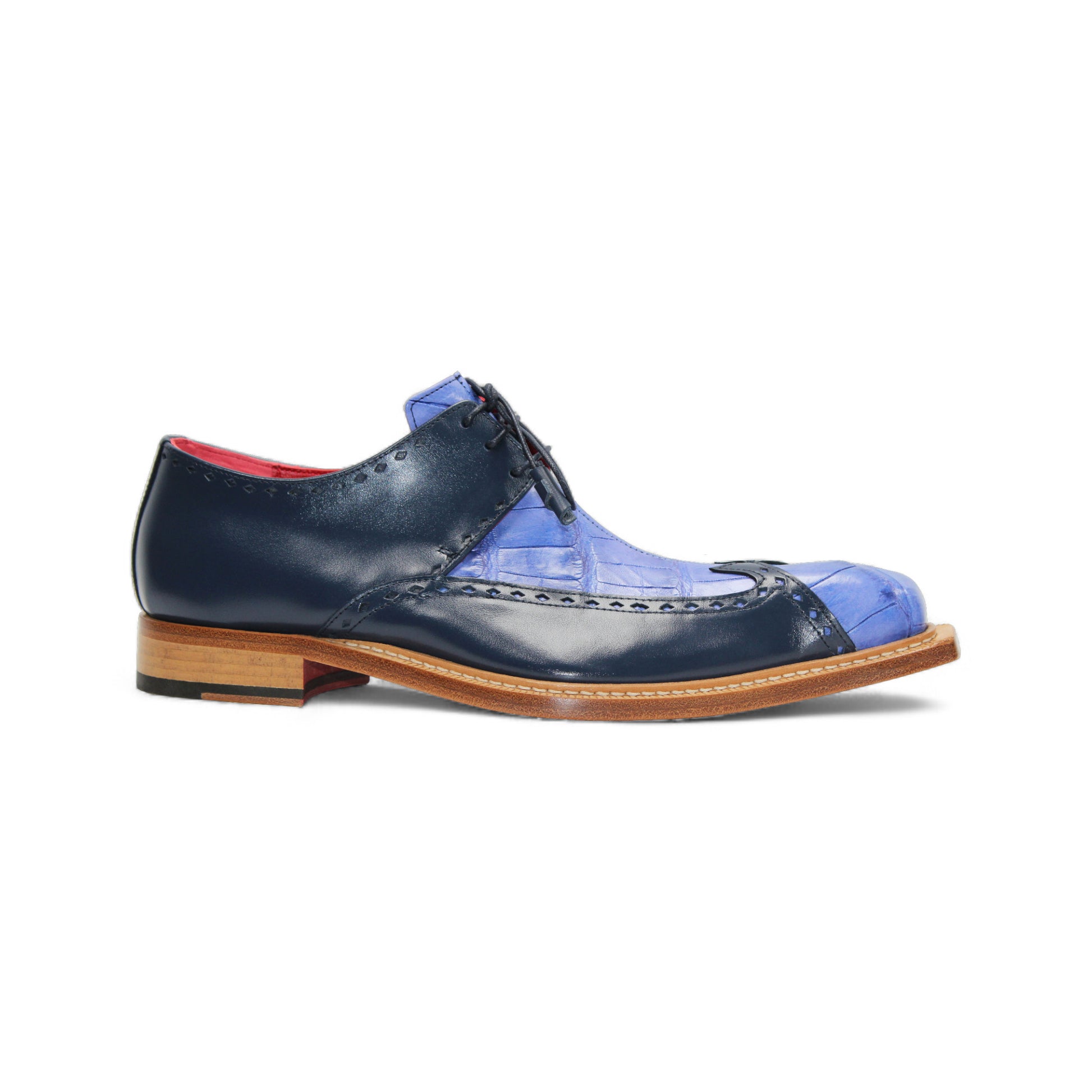 A single Fennix Harry Light Blue/Navy men’s dress shoe by Fennix of Italy, featuring a premium blue leather upper, wooden sole, black laces, and squared toe—shown in side profile to highlight Italian craftsmanship.