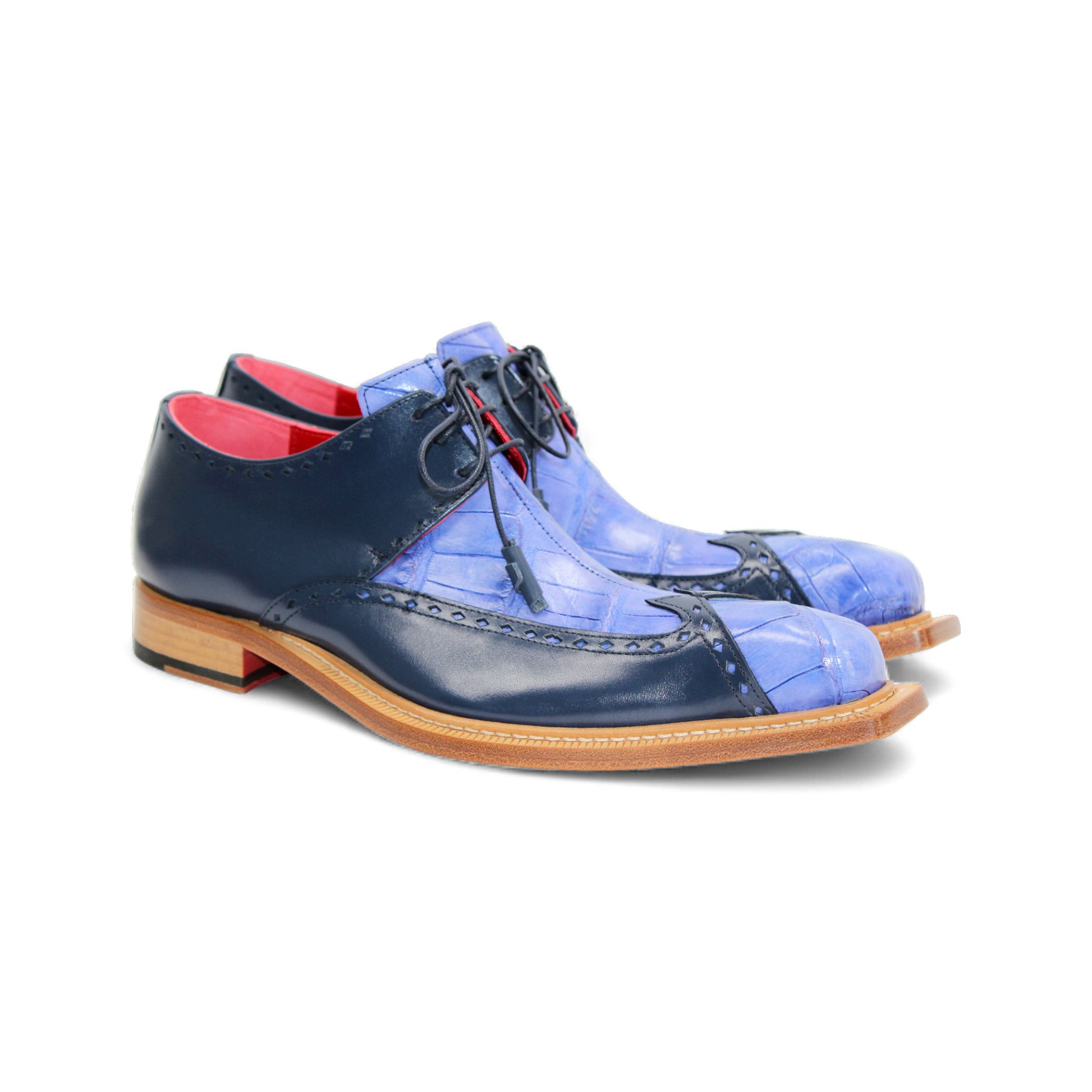 A single Fennix Harry Light Blue/Navy men’s dress shoe by Fennix of Italy, featuring a premium blue leather upper, wooden sole, black laces, and squared toe—shown in side profile to highlight Italian craftsmanship.