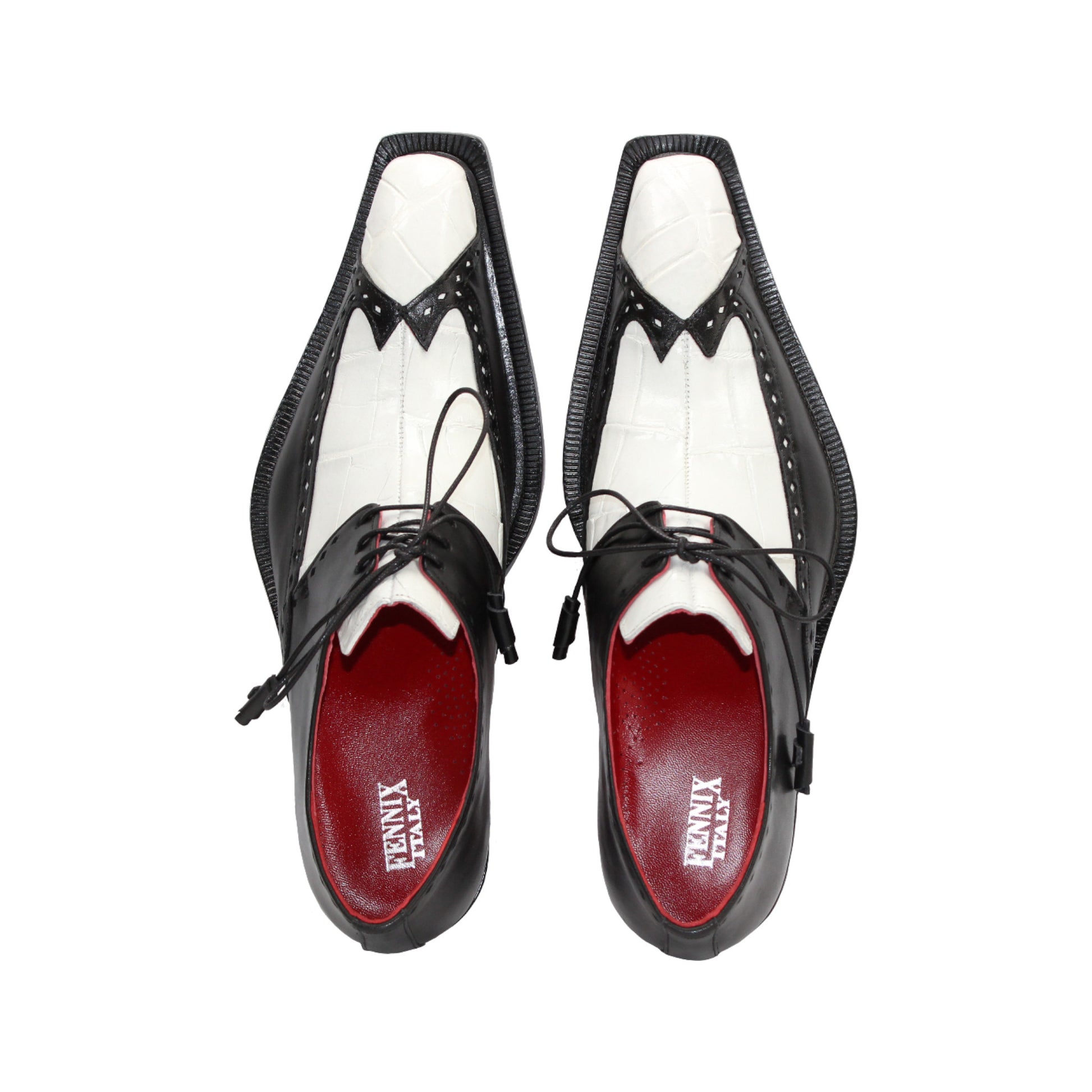 The Fennix Harry White/Black by Fennix of Italy is a leather dress shoe with black and white panels, laces, a leather sole, low heel, and red inner lining, highlighting Italian craftsmanship in profile on a white background.