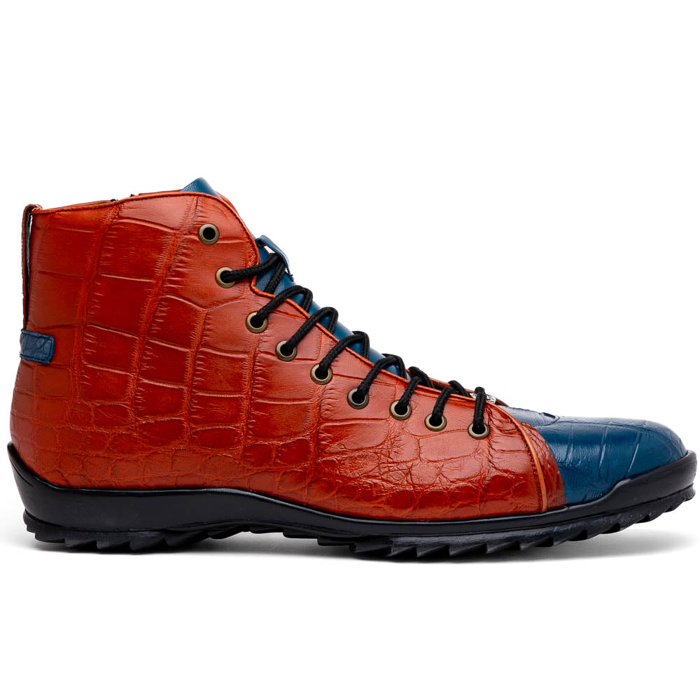 The Hermond Blue Jeans/Honey by Marco Di Milano is a luxury high-top with textured leather in orange and blue, black laces, metal eyelets, and a black rubber sole with unique hand-painted details.