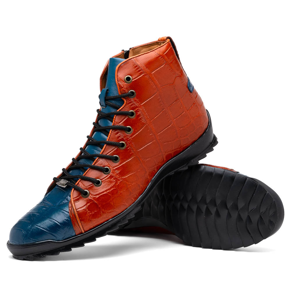 The Hermond Blue Jeans/Honey by Marco Di Milano is a luxury high-top with textured leather in orange and blue, black laces, metal eyelets, and a black rubber sole with unique hand-painted details.
