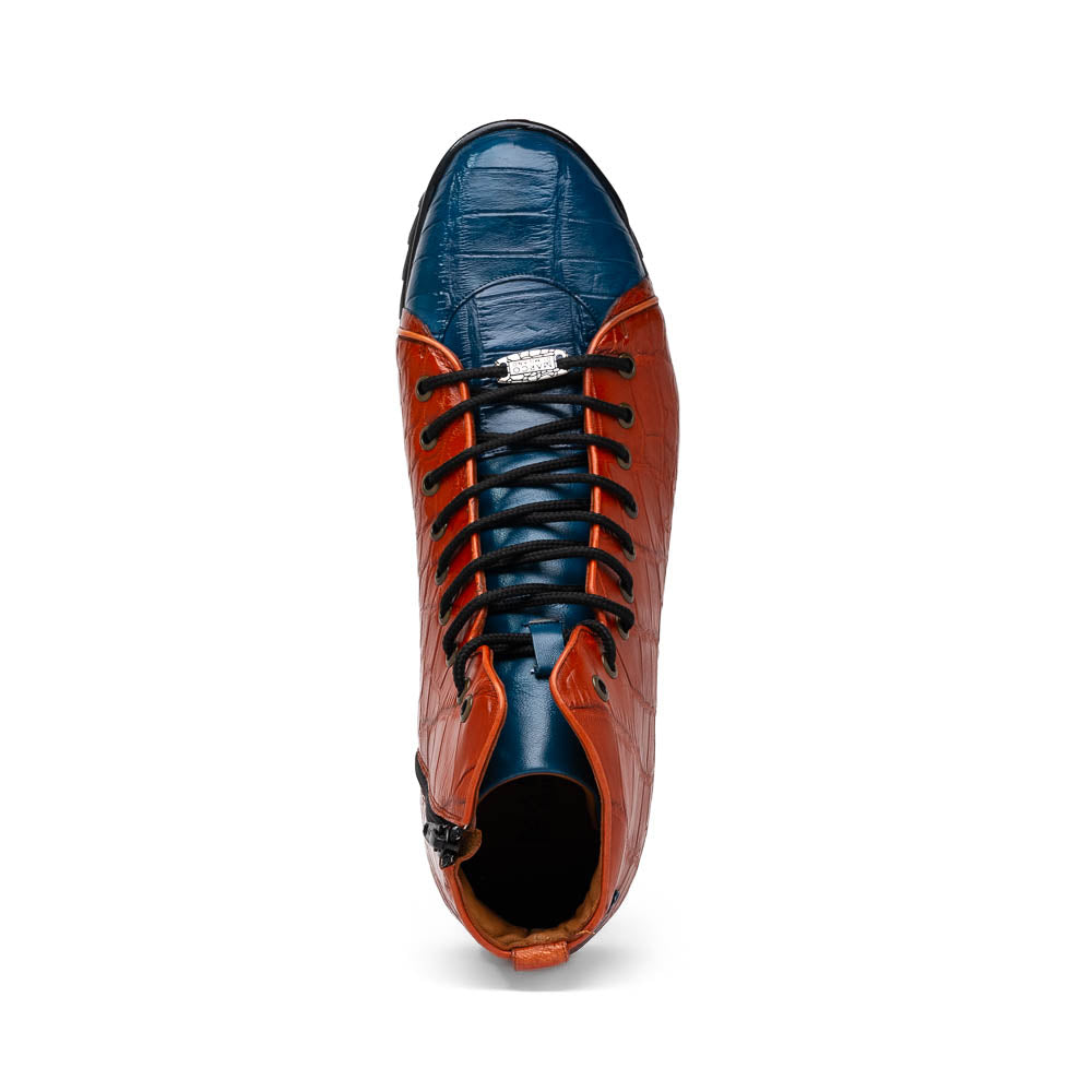 The Hermond Blue Jeans/Honey by Marco Di Milano is a luxury high-top with textured leather in orange and blue, black laces, metal eyelets, and a black rubber sole with unique hand-painted details.