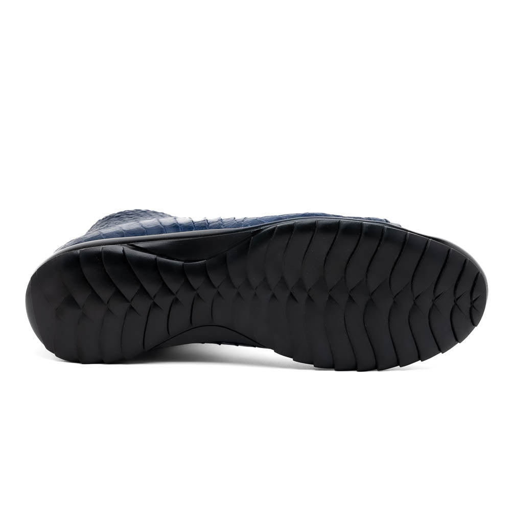 The Hermond Navy by Marco Di Milano: luxury high-top shoes in blue crocodile-patterned leather with genuine exotics, black laces, and black rubber soles—one shoe stands upright, the other lies on its side.