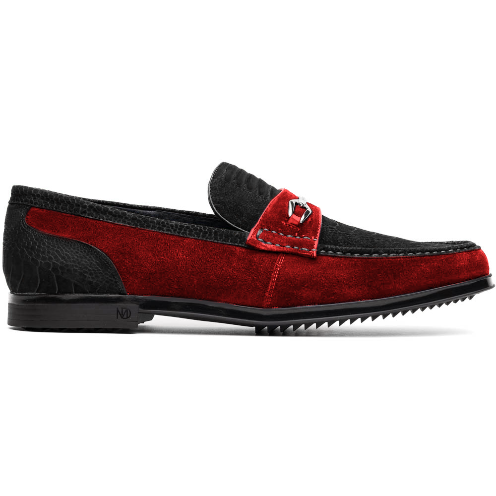 The Marco Di Milano Hugo Black / Red sueded ostrich leg loafers feature black textured uppers, red suede sides, metal horsebit details, and black rubber soles, showcased against a white background as a mark of luxury.