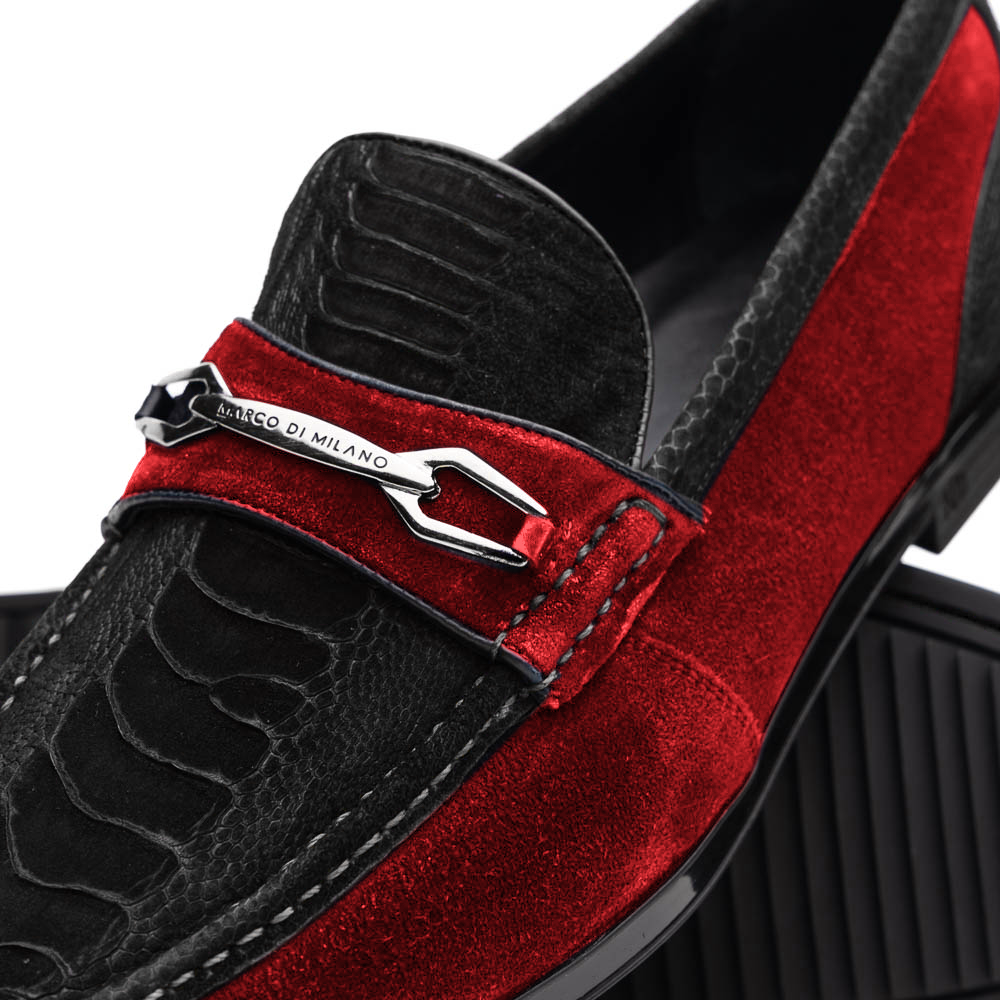 The Marco Di Milano Hugo Black / Red sueded ostrich leg loafers feature black textured uppers, red suede sides, metal horsebit details, and black rubber soles, showcased against a white background as a mark of luxury.