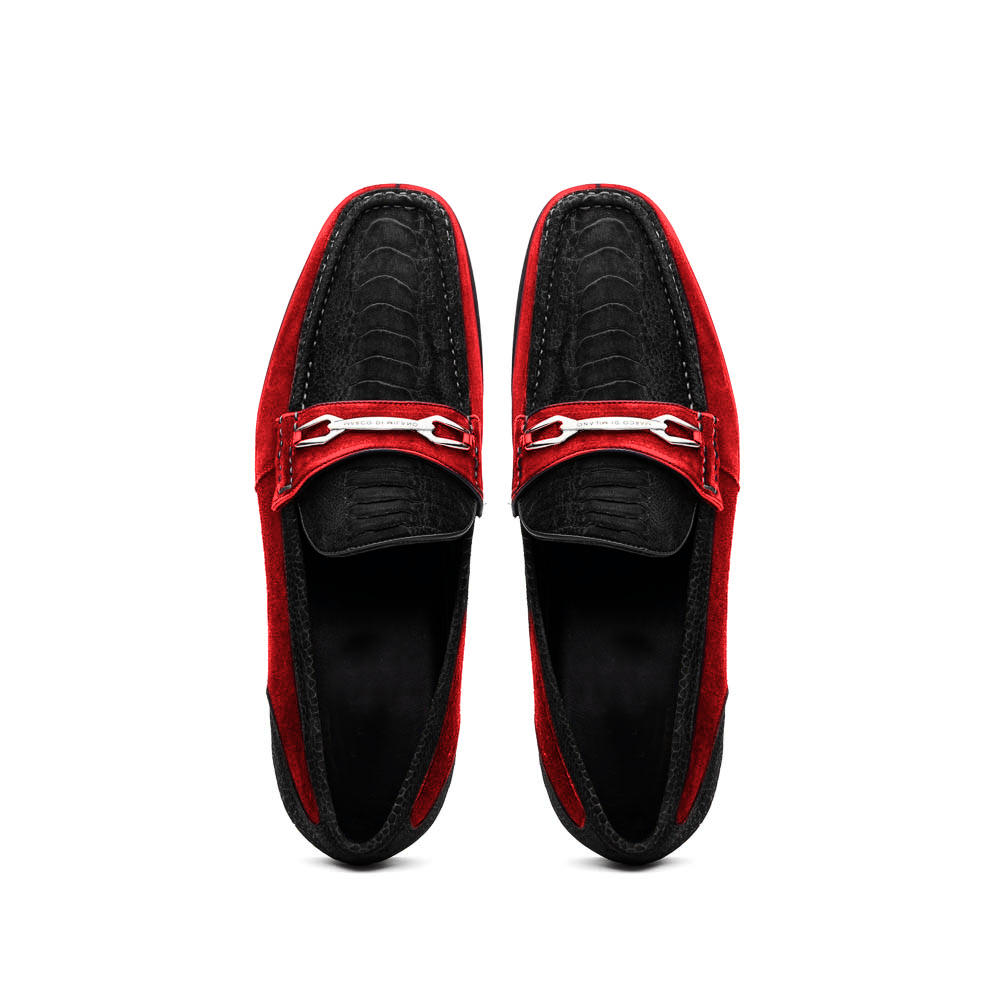 The Marco Di Milano Hugo Black / Red sueded ostrich leg loafers feature black textured uppers, red suede sides, metal horsebit details, and black rubber soles, showcased against a white background as a mark of luxury.