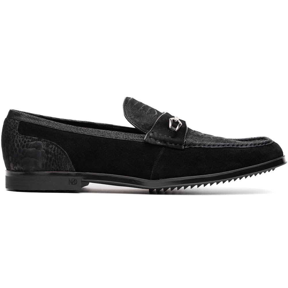 A pair of Marco Di Milano Hugo Black sueded ostrich leg loafers with metal chain detailing and textured rubber soles, one upright and one on its side, display refined luxury craftsmanship.