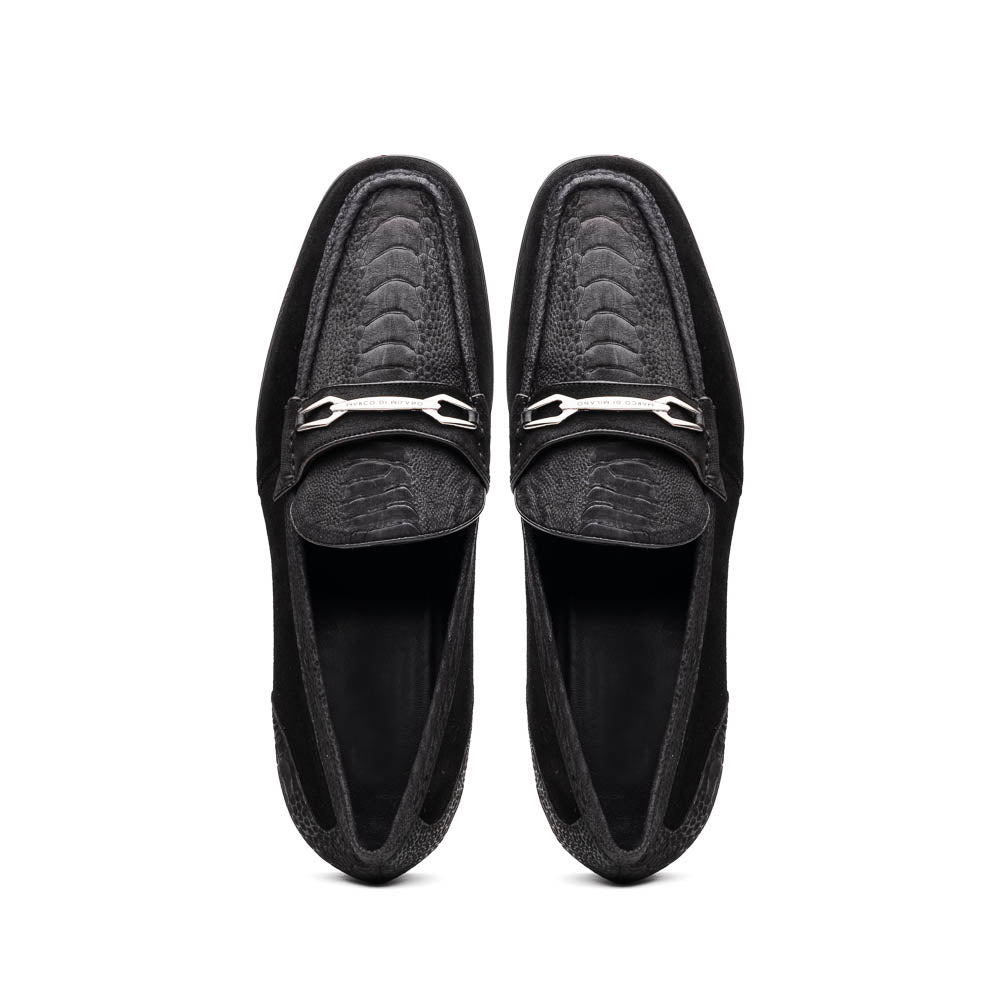 A pair of Marco Di Milano Hugo Black sueded ostrich leg loafers with metal chain detailing and textured rubber soles, one upright and one on its side, display refined luxury craftsmanship.