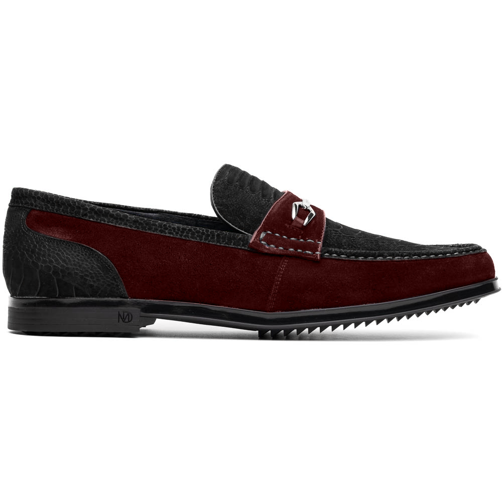 The Marco Di Milano Hugo Black / Wine loafers feature black textured uppers, burgundy suede accents, silver-tone hardware, and black rubber soles—ideal for those seeking luxurious footwear.