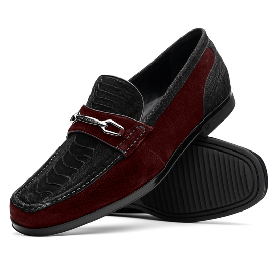The Marco Di Milano Hugo Black / Wine loafers feature black textured uppers, burgundy suede accents, silver-tone hardware, and black rubber soles—ideal for those seeking luxurious footwear.