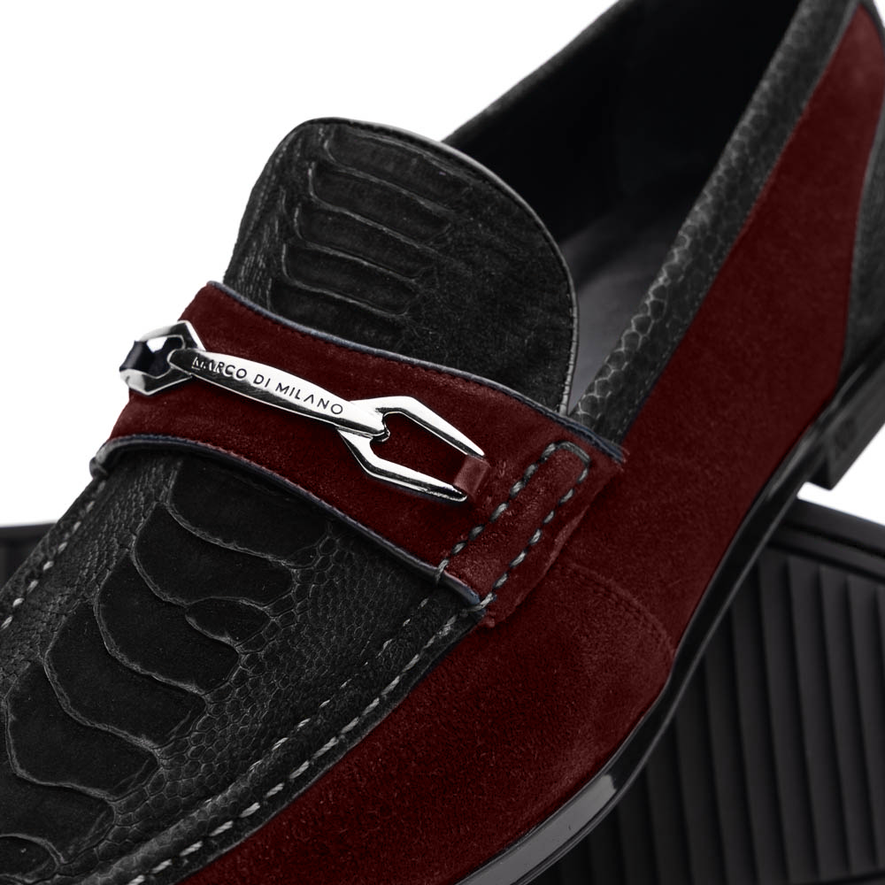 The Marco Di Milano Hugo Black / Wine loafers feature black textured uppers, burgundy suede accents, silver-tone hardware, and black rubber soles—ideal for those seeking luxurious footwear.