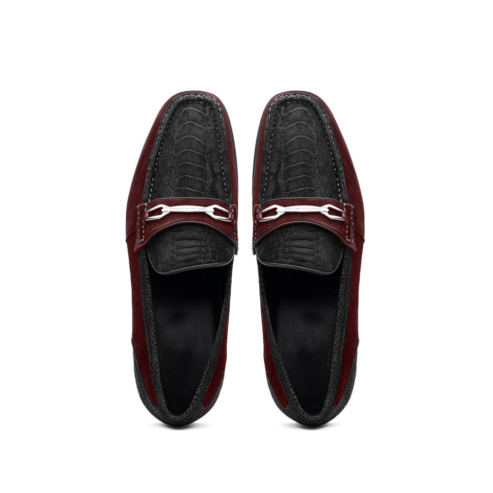 The Marco Di Milano Hugo Black / Wine loafers feature black textured uppers, burgundy suede accents, silver-tone hardware, and black rubber soles—ideal for those seeking luxurious footwear.
