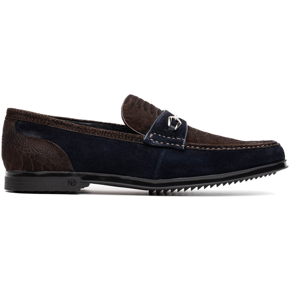 Marco Di Milano’s Hugo Brown / Navy men’s loafers feature textured detailing, a decorative metal bit, and black rubber soles—sophisticated luxury footwear.