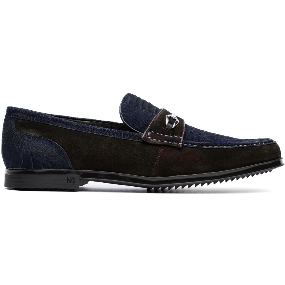 A pair of Marco Di Milano Hugo Navy / Brown loafers with textured uppers, metal bit detailing, and black rubber soles—shown stylishly with one shoe leaning on the other—a true statement in luxury footwear.
