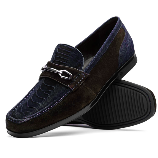 A pair of Marco Di Milano Hugo Navy / Brown loafers with textured uppers, metal bit detailing, and black rubber soles—shown stylishly with one shoe leaning on the other—a true statement in luxury footwear.