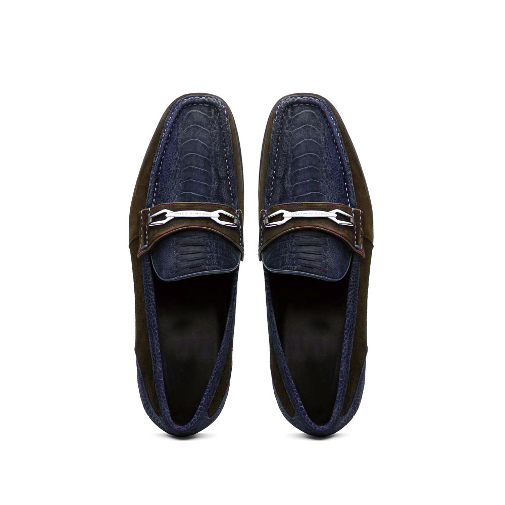 A pair of Marco Di Milano Hugo Navy / Brown loafers with textured uppers, metal bit detailing, and black rubber soles—shown stylishly with one shoe leaning on the other—a true statement in luxury footwear.
