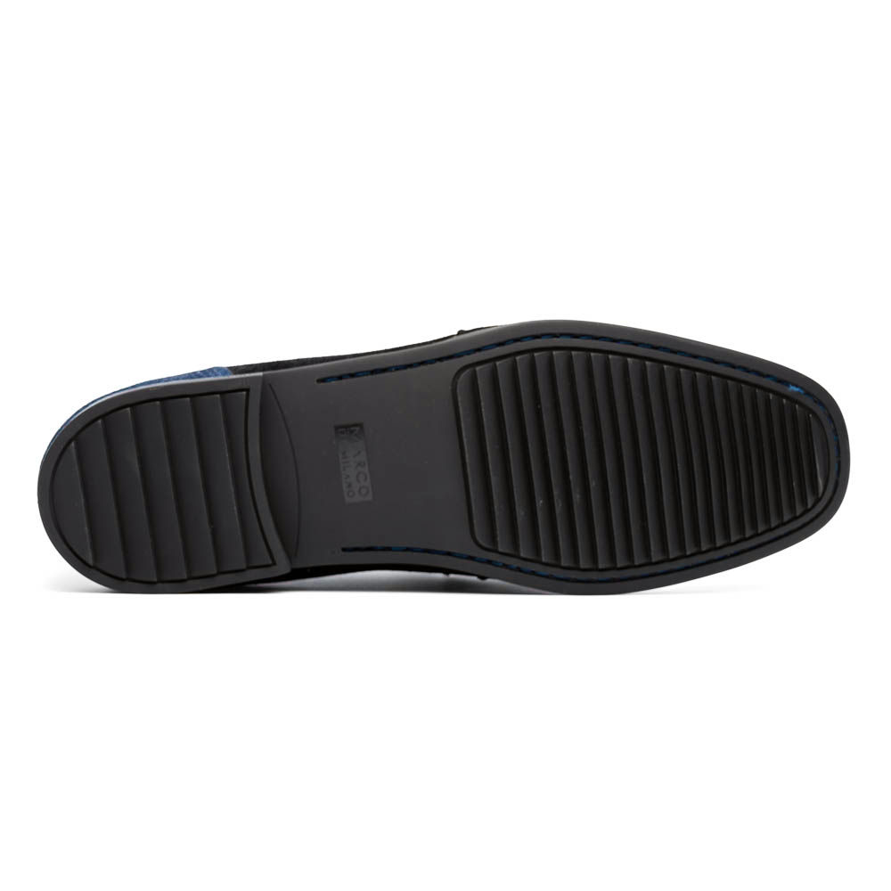 A pair of Marco Di Milano Hugo Navy / Brown loafers with textured uppers, metal bit detailing, and black rubber soles—shown stylishly with one shoe leaning on the other—a true statement in luxury footwear.