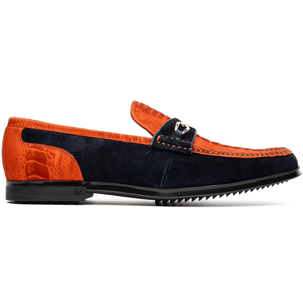 The Hugo Orange / Navy by Marco Di Milano is a men's loafer in orange crocodile-textured leather with navy suede accents, silver bit detail, and a black rubber sole with red stitching—ideal for luxury footwear fans.