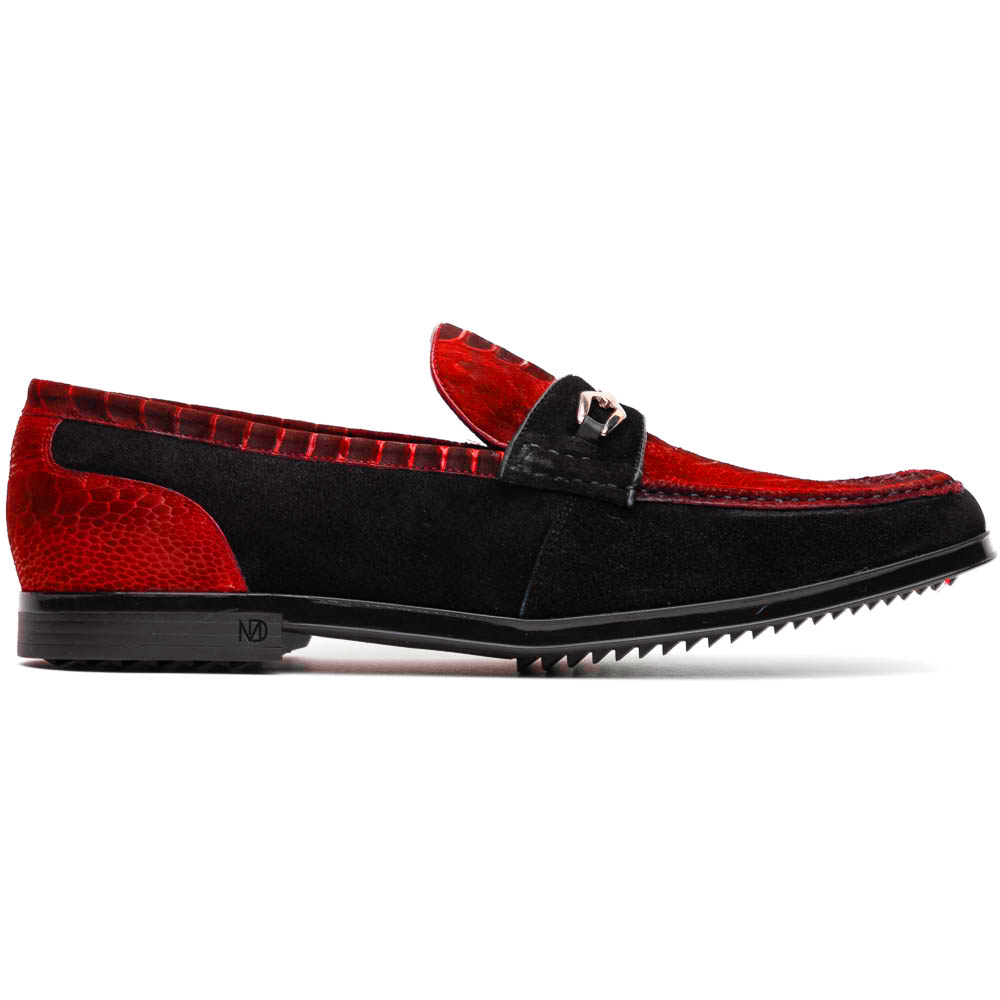 Marco Di Milano’s Hugo Red / Black loafers feature luxury sueded ostrich leg uppers in red, black suede accents, metal buckles, and black rubber soles with red stitching.