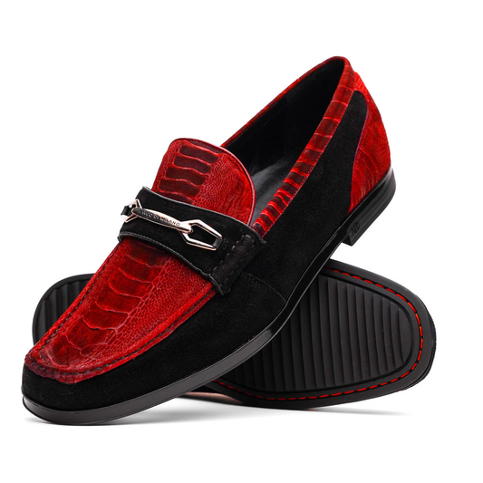 Marco Di Milano’s Hugo Red / Black loafers feature luxury sueded ostrich leg uppers in red, black suede accents, metal buckles, and black rubber soles with red stitching.
