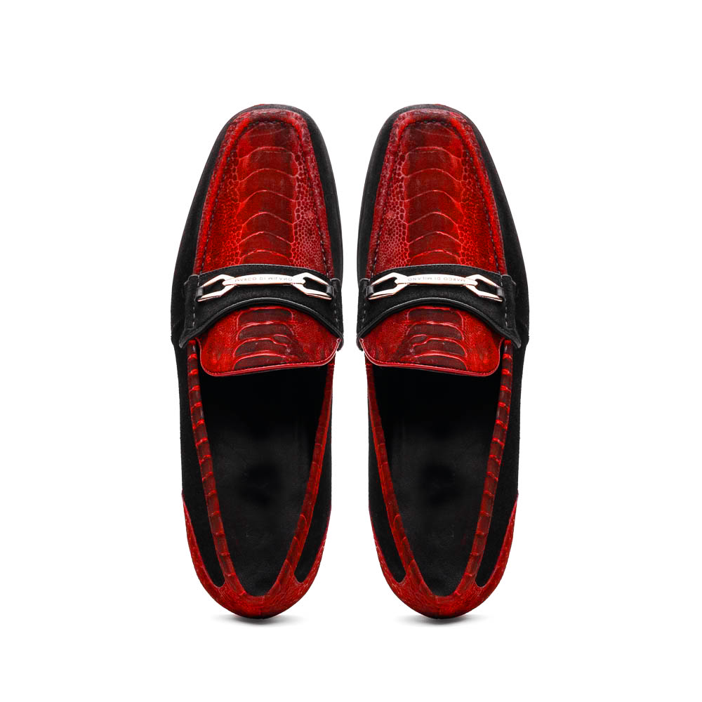 Marco Di Milano’s Hugo Red / Black loafers feature luxury sueded ostrich leg uppers in red, black suede accents, metal buckles, and black rubber soles with red stitching.