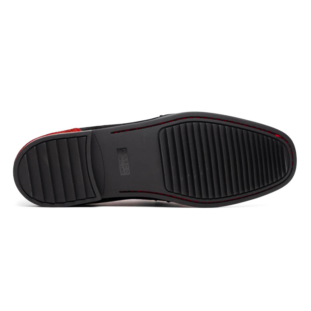 Marco Di Milano’s Hugo Red / Black loafers feature luxury sueded ostrich leg uppers in red, black suede accents, metal buckles, and black rubber soles with red stitching.