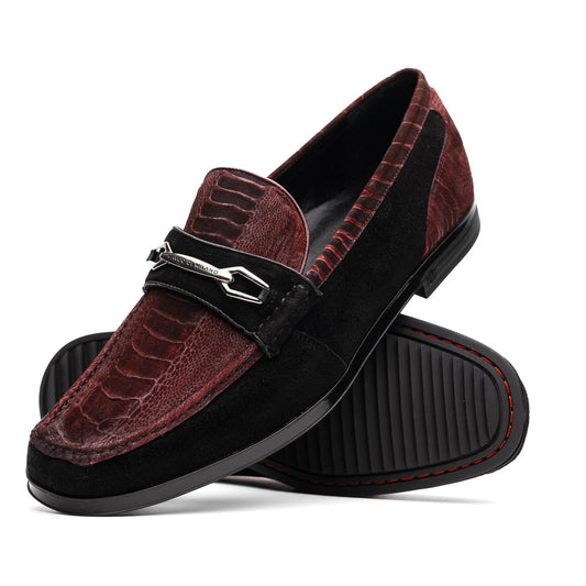 The Marco Di Milano Hugo Wine / Black men's loafers feature burgundy textured leather, black suede panels, metal buckles, and black rubber soles with red accents—luxury footwear for refined style.