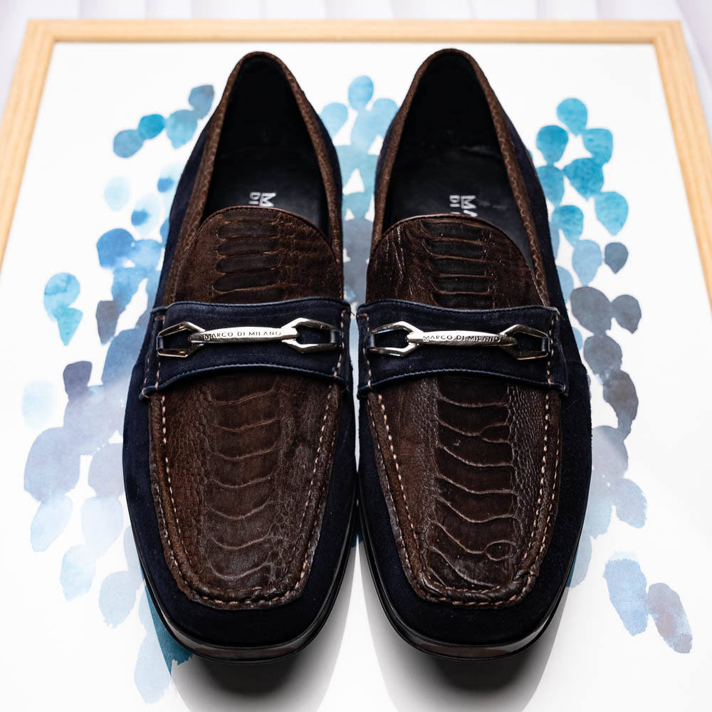 Marco Di Milano’s Hugo Brown / Navy men’s loafers feature textured detailing, a decorative metal bit, and black rubber soles—sophisticated luxury footwear.