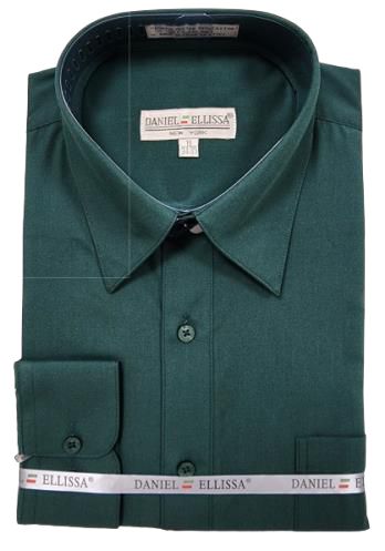 The DANIEL ELLISSA BASIC DRESS SHIRT in Hunter Green, with tags still attached, showcases a pointed collar and convertible cuffs from Daniel Ellissa, elegantly displayed against a simple backdrop.