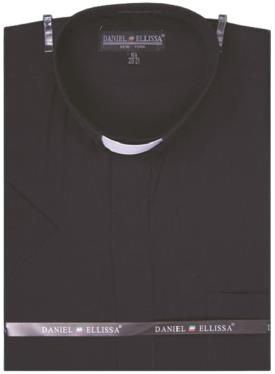 Black clerical shirt with a white collar, model "DS3007RS," from Daniel Ellissa, featuring packaging with the brand name displayed.