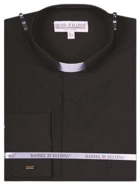 A neatly folded clerical shirt with a white tap band collar from the Daniel Ellissa brand, featuring attached labels reading "DANIEL ELLISSA CLERGY SHIRT WITH WHITE TAP BAND DS3007R BLACK.